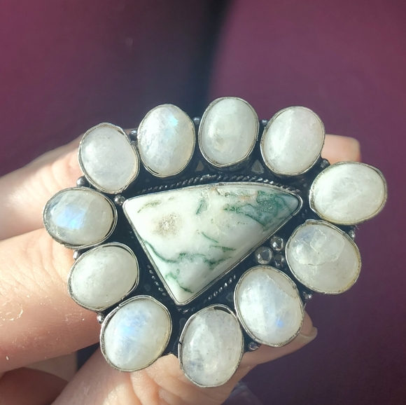 New Huge Tree Agate & Rainbow Moonstone 925 Silver Statement Ring. - Picture 9 of 13